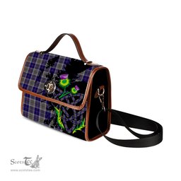 ScotsTee Shop Scottish Hanna of Stirlingshire Clan Tartan Canvas Bag Celtic Knot and Thistle with Scotland Map Bag