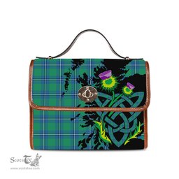 ScotsTee Shop Scottish Irvine Ancient Clan Tartan Canvas Bag Celtic Knot and Thistle with Scotland Map Bag