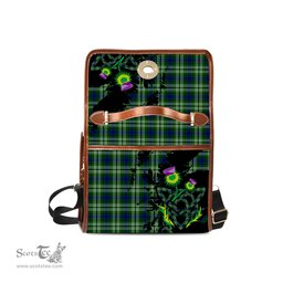 ScotsTee Shop Scottish Haliburton Clan Tartan Canvas Bag Celtic Knot and Thistle with Scotland Map Bag
