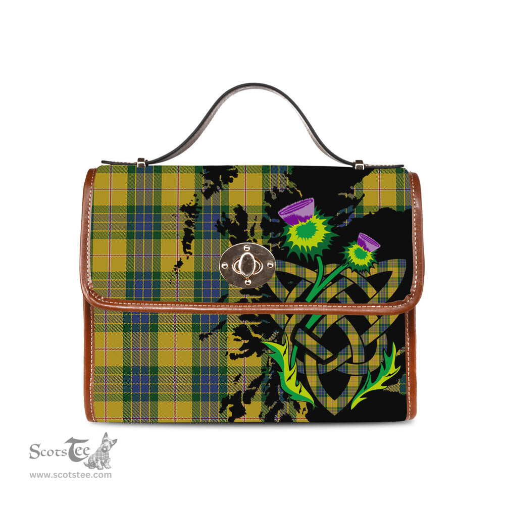 ScotsTee Shop Scottish Fraser Yellow Clan Tartan Canvas Bag Celtic Knot and Thistle with Scotland Map Bag