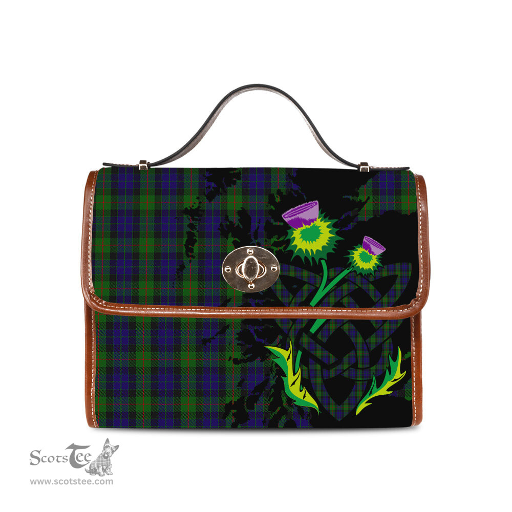 ScotsTee Shop Scottish Gunn Clan Tartan Canvas Bag Celtic Knot and Thistle with Scotland Map Bag