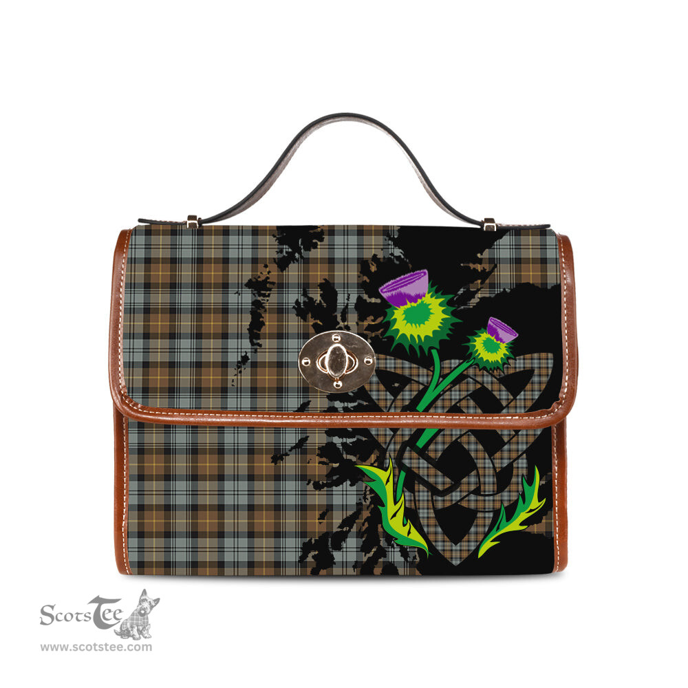ScotsTee Shop Scottish Gordon Weathered Clan Tartan Canvas Bag Celtic Knot and Thistle with Scotland Map Bag