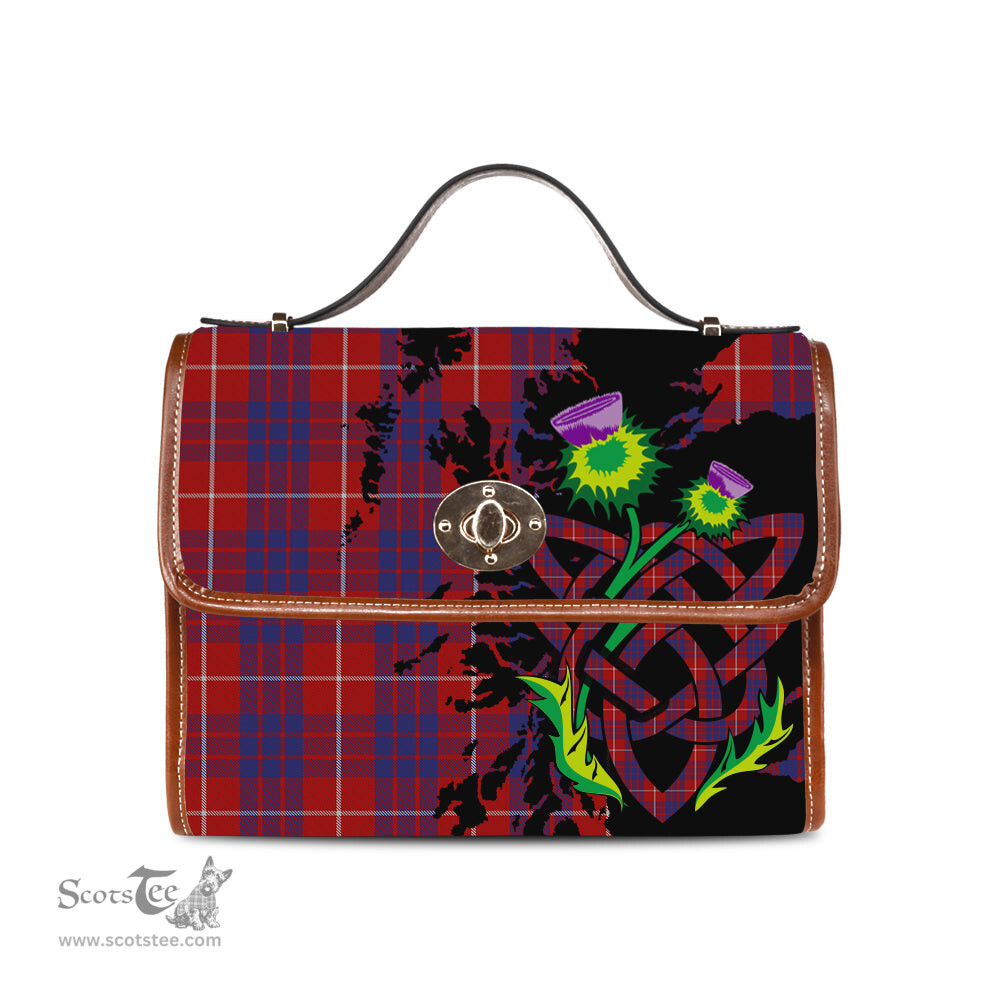 ScotsTee Shop Scottish Hamilton Clan Tartan Canvas Bag Celtic Knot and Thistle with Scotland Map Bag