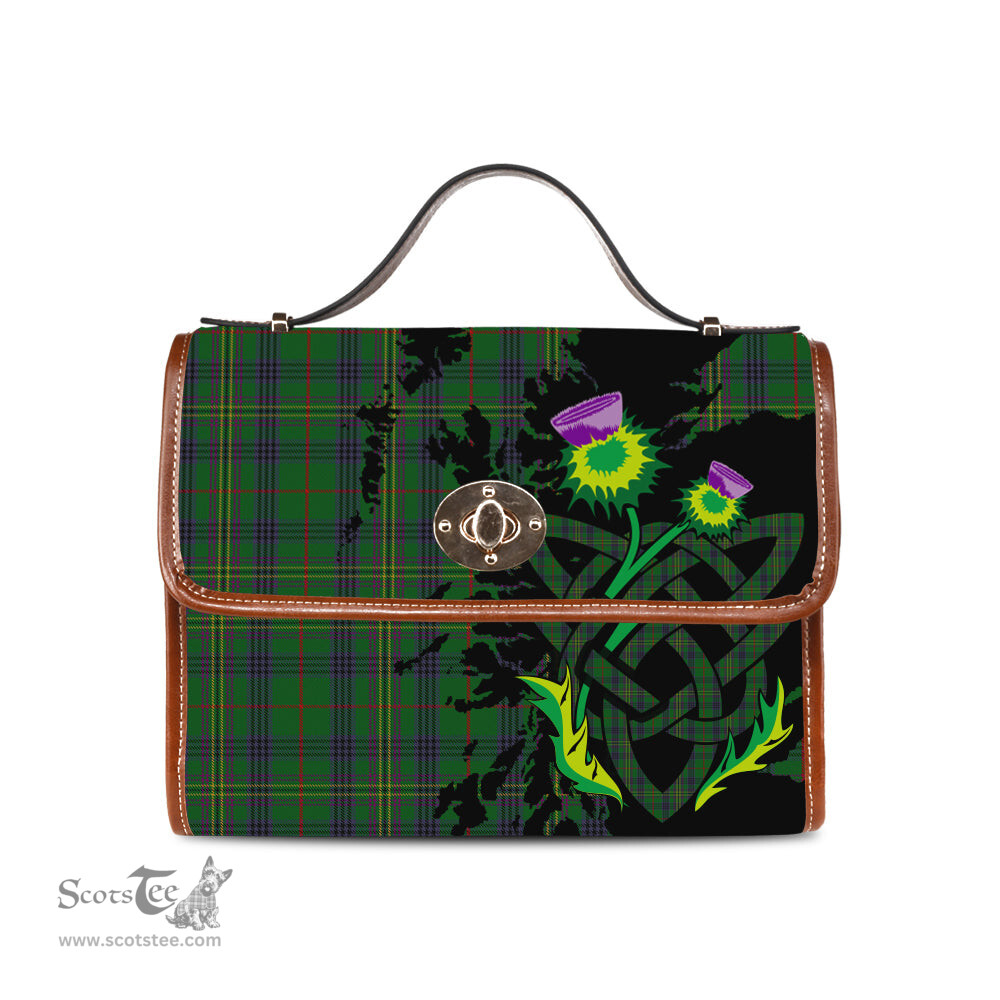 ScotsTee Shop Scottish Kennedy Clan Tartan Canvas Bag Celtic Knot and Thistle with Scotland Map Bag