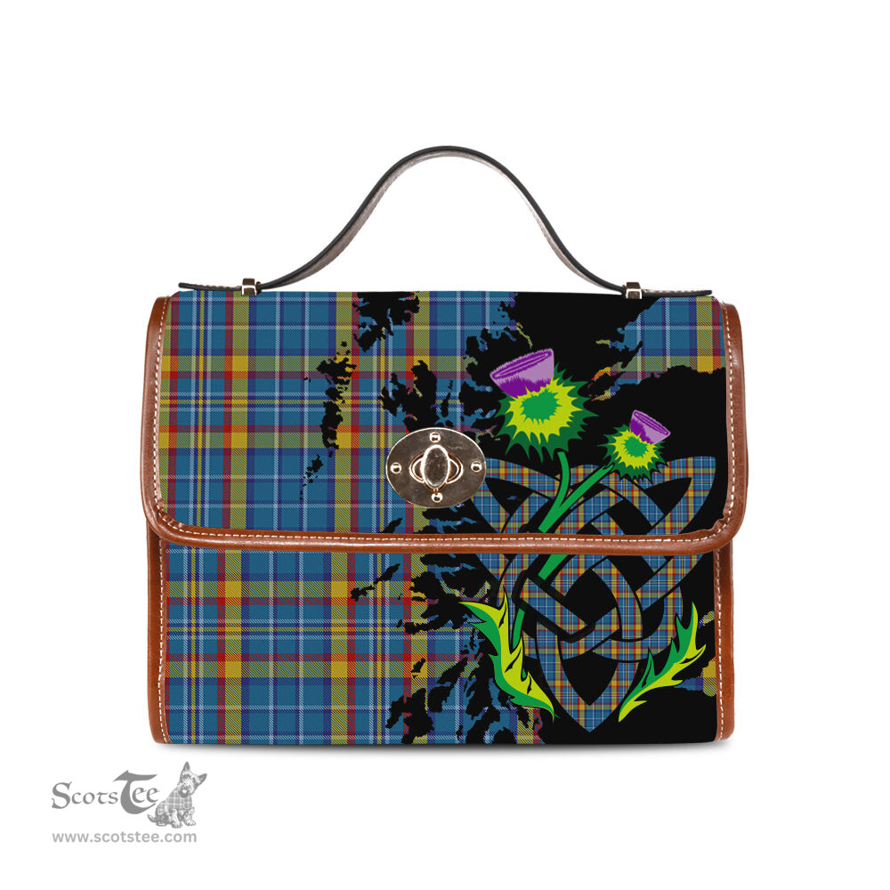 ScotsTee Shop Scottish Healy Clan Tartan Canvas Bag Celtic Knot and Thistle with Scotland Map Bag