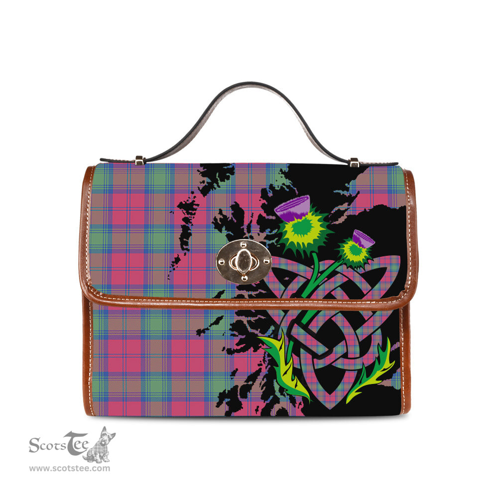 ScotsTee Shop Scottish Lindsay Ancient Clan Tartan Canvas Bag Celtic Knot and Thistle with Scotland Map Bag