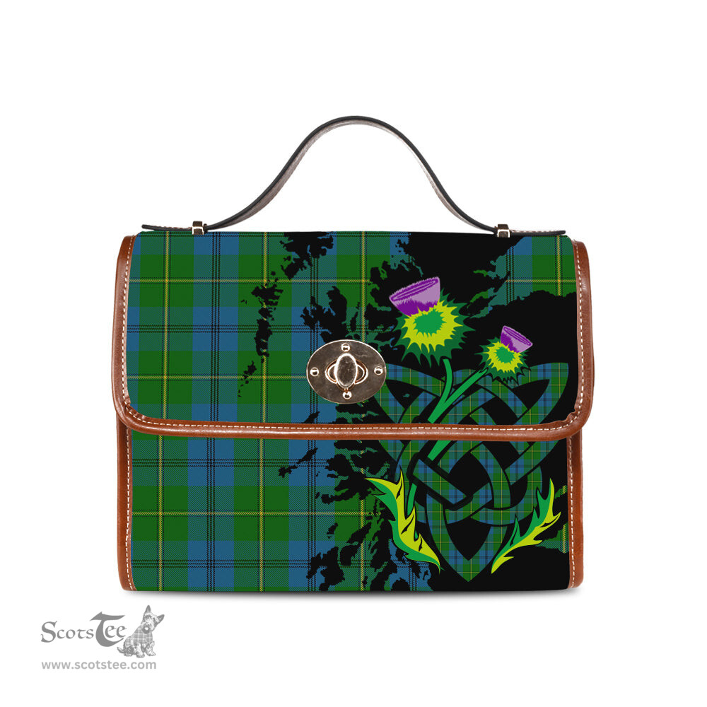 ScotsTee Shop Scottish Johnstone Clan Tartan Canvas Bag Celtic Knot and Thistle with Scotland Map Bag