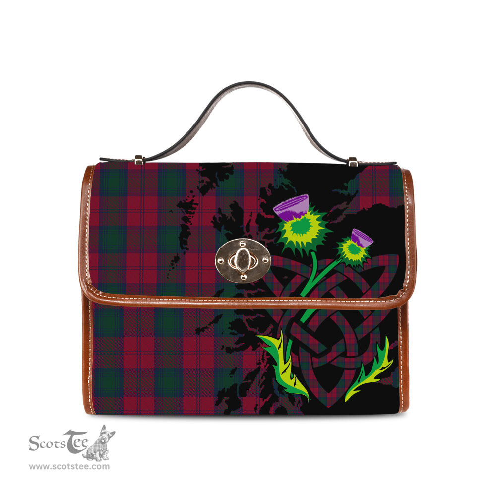 ScotsTee Shop Scottish Lindsay Clan Tartan Canvas Bag Celtic Knot and Thistle with Scotland Map Bag