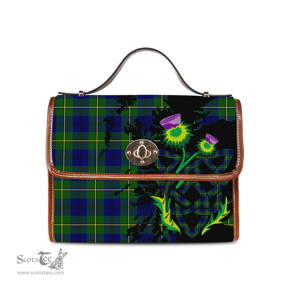 ScotsTee Shop Scottish Johnston Modern Clan Tartan Canvas Bag Celtic Knot and Thistle with Scotland Map Bag
