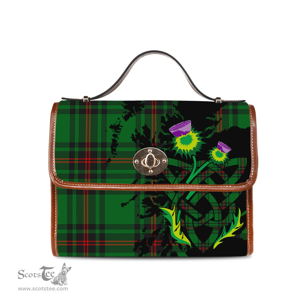 ScotsTee Shop Scottish Logie Clan Tartan Canvas Bag Celtic Knot and Thistle with Scotland Map Bag