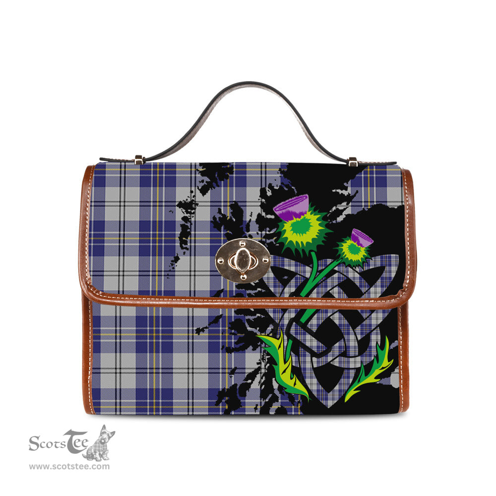ScotsTee Shop Scottish MacPherson Dress Blue Clan Tartan Canvas Bag Celtic Knot and Thistle with Scotland Map Bag