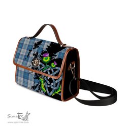 ScotsTee Shop Scottish Menzies Dress Blue and White Clan Tartan Canvas Bag Celtic Knot and Thistle with Scotland Map Bag