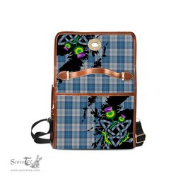 ScotsTee Shop Scottish Menzies Dress Blue and White Clan Tartan Canvas Bag Celtic Knot and Thistle with Scotland Map Bag