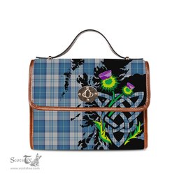 ScotsTee Shop Scottish Menzies Dress Blue and White Clan Tartan Canvas Bag Celtic Knot and Thistle with Scotland Map Bag