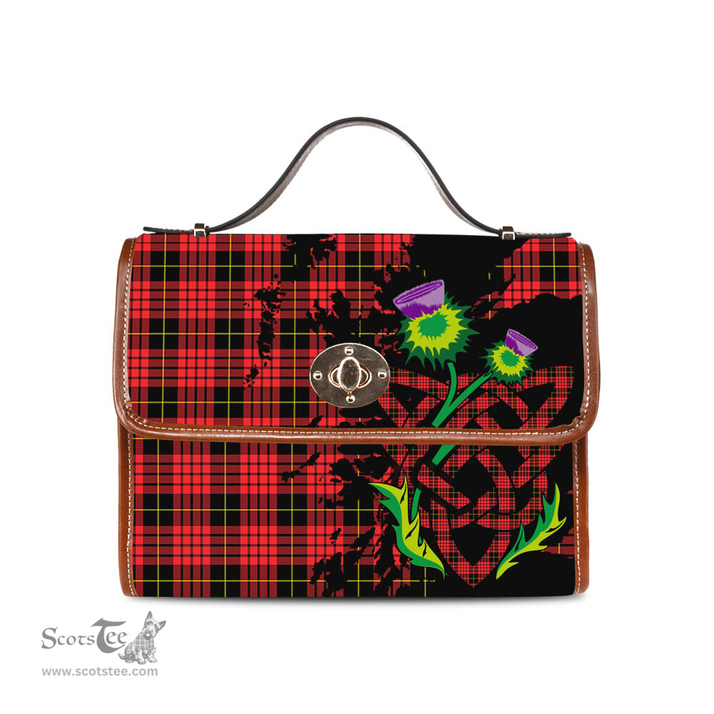ScotsTee Shop Scottish MacQueen Modern Clan Tartan Canvas Bag Celtic Knot and Thistle with Scotland Map Bag