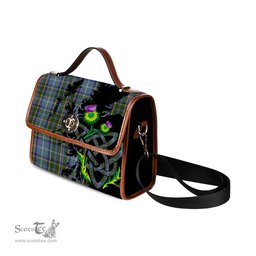 ScotsTee Shop Scottish Manx National Clan Tartan Canvas Bag Celtic Knot and Thistle with Scotland Map Bag