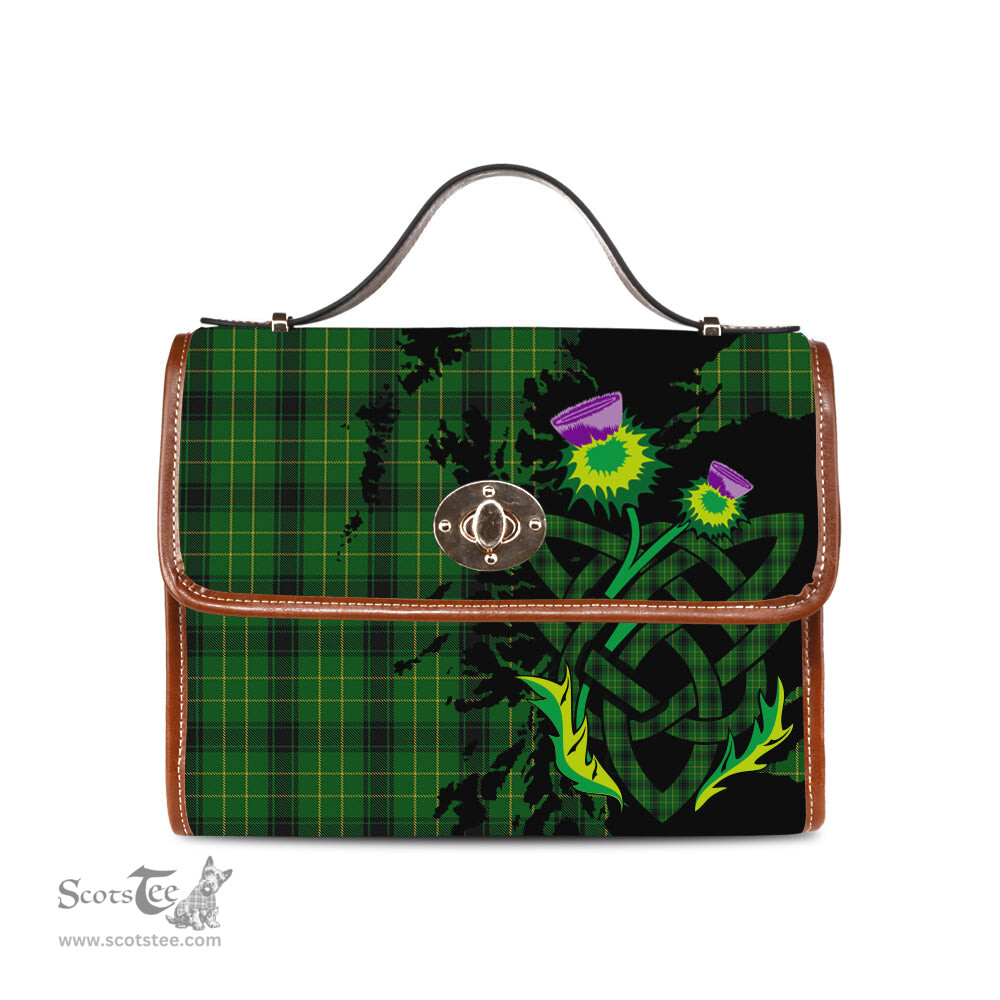 ScotsTee Shop Scottish MacArthur Highland Clan Tartan Canvas Bag Celtic Knot and Thistle with Scotland Map Bag