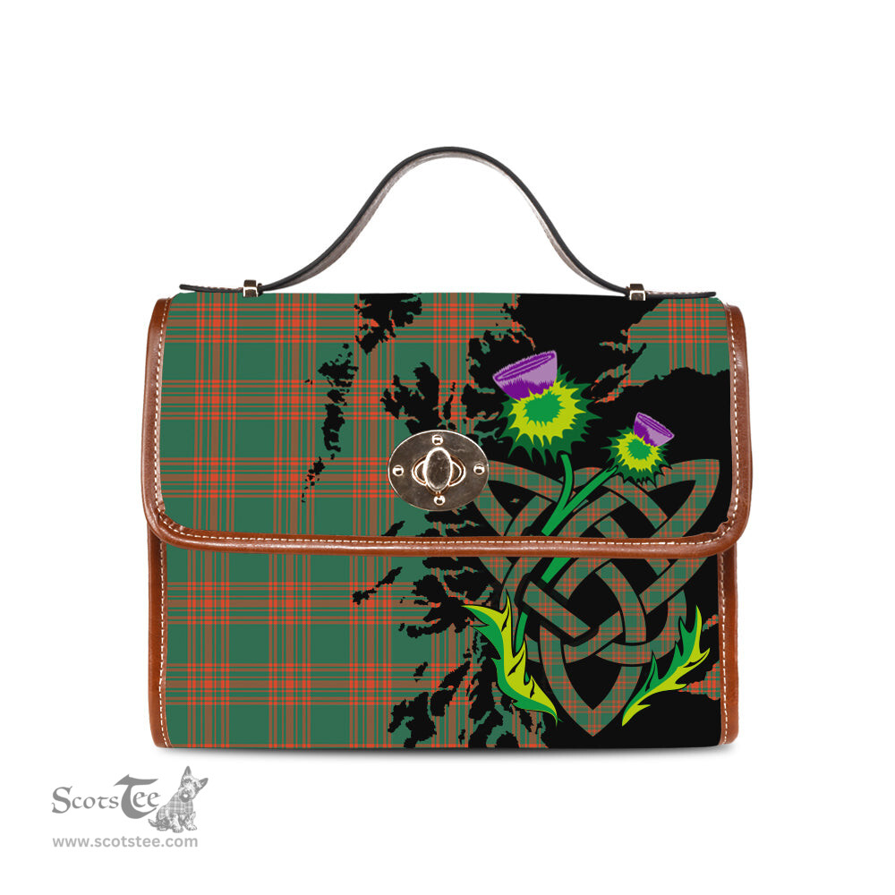 ScotsTee Shop Scottish Menzies Green Ancient Clan Tartan Canvas Bag Celtic Knot and Thistle with Scotland Map Bag
