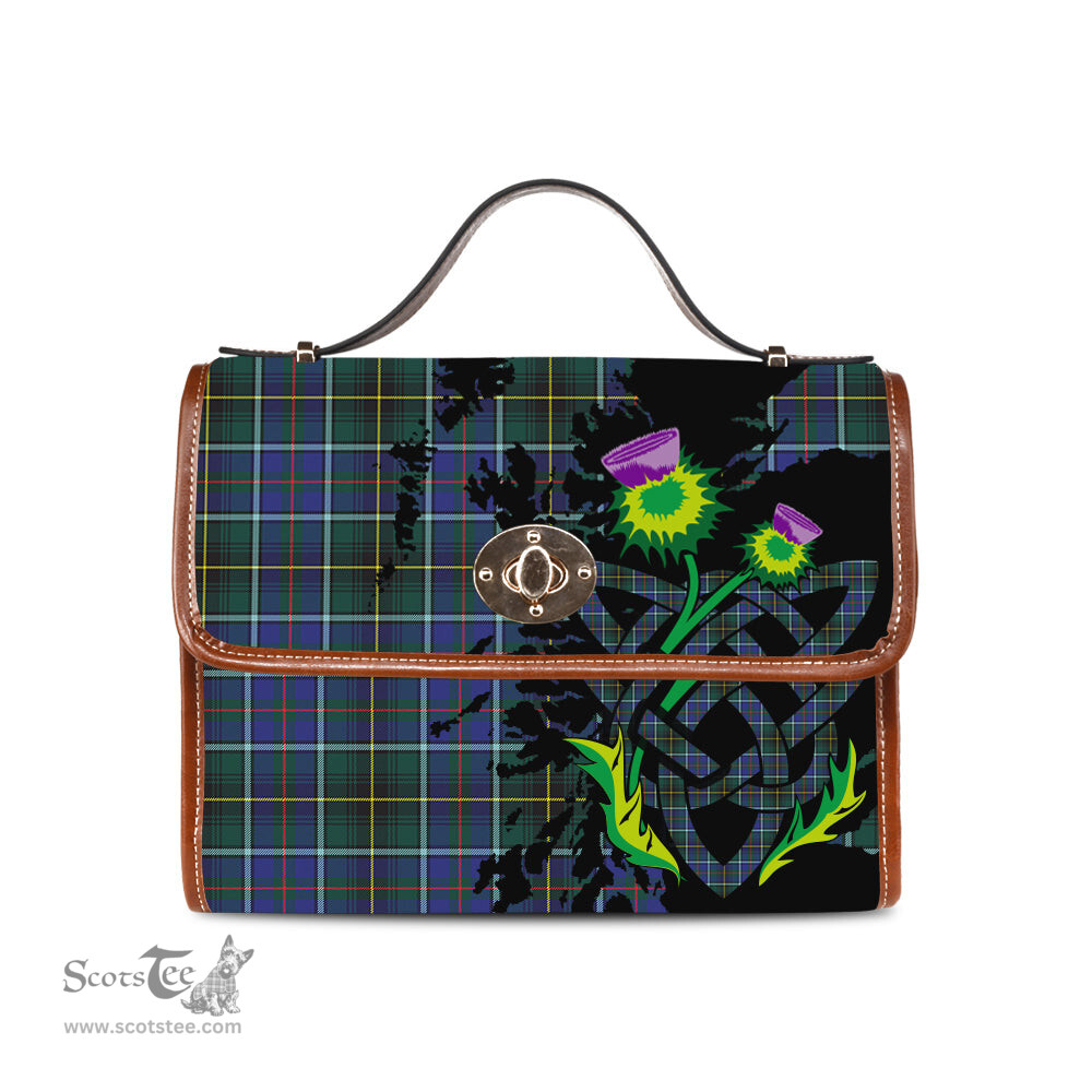 ScotsTee Shop Scottish MacInnes Modern Clan Tartan Canvas Bag Celtic Knot and Thistle with Scotland Map Bag