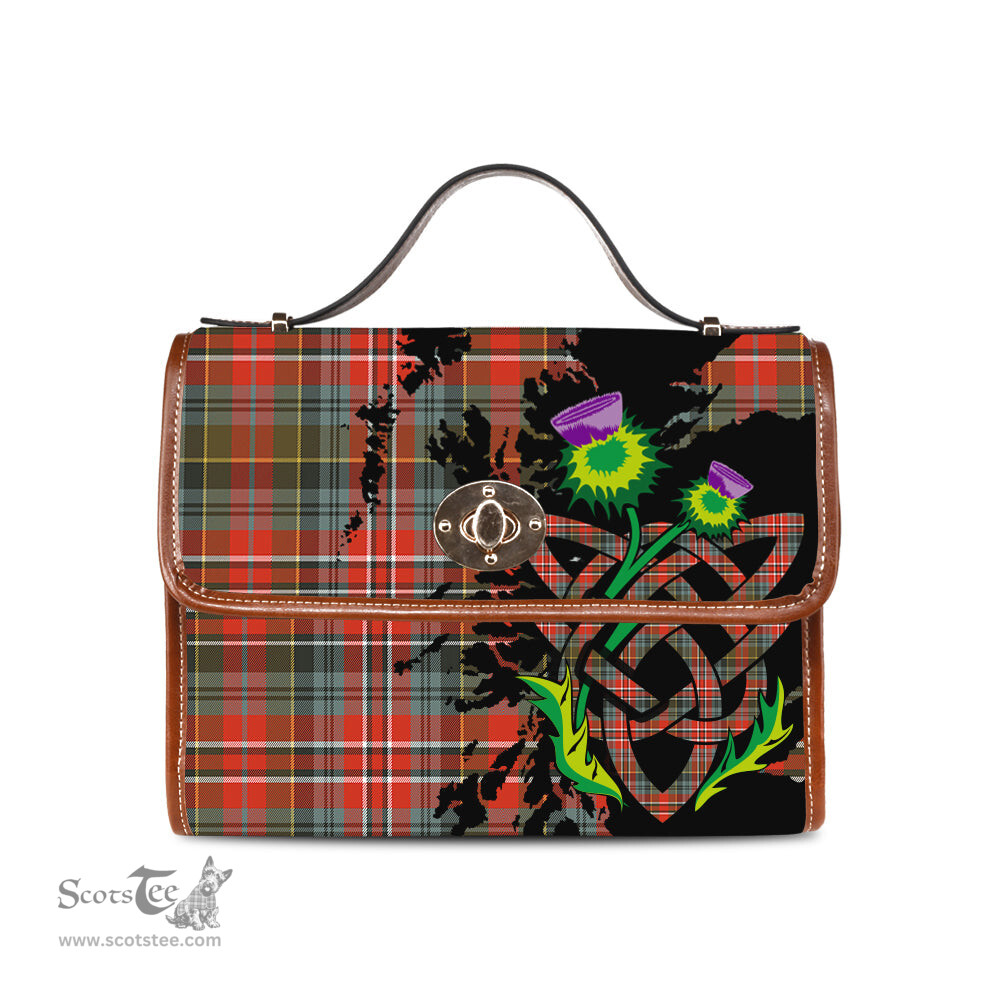 ScotsTee Shop Scottish MacPherson Weathered Clan Tartan Canvas Bag Celtic Knot and Thistle with Scotland Map Bag