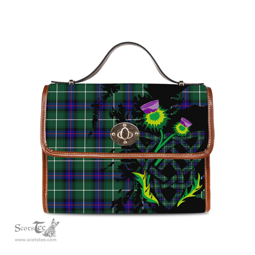 ScotsTee Shop Scottish MacDonald of the Isles Hunting Modern Clan Tartan Canvas Bag Celtic Knot and Thistle with Scotland Map Bag