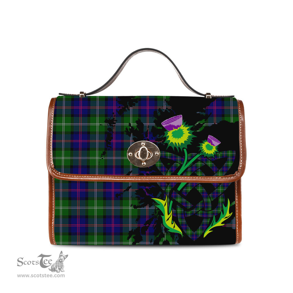 ScotsTee Shop Scottish MacThomas Modern Clan Tartan Canvas Bag Celtic Knot and Thistle with Scotland Map Bag