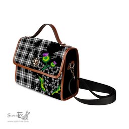 ScotsTee Shop Scottish Menzies Black and White Clan Tartan Canvas Bag Celtic Knot and Thistle with Scotland Map Bag