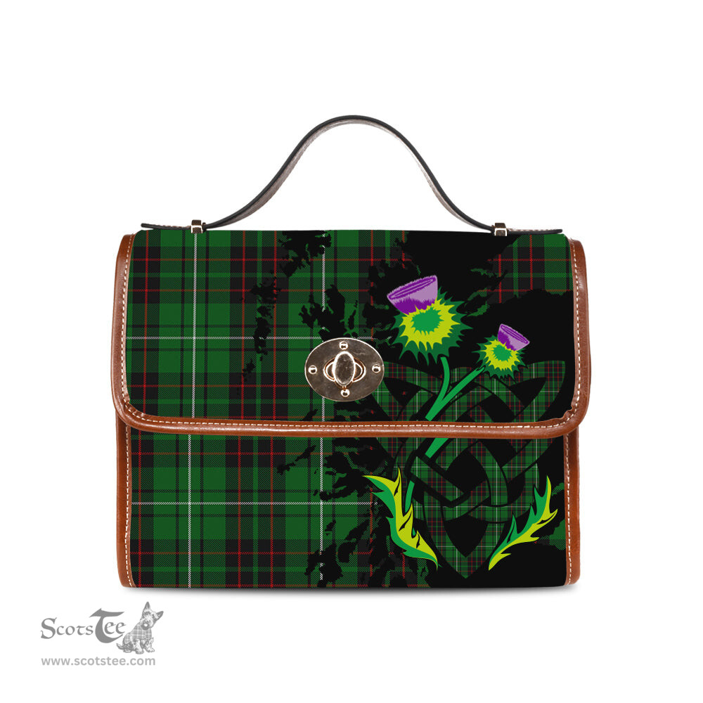 ScotsTee Shop Scottish MacAulay of Lewis Clan Tartan Canvas Bag Celtic Knot and Thistle with Scotland Map Bag