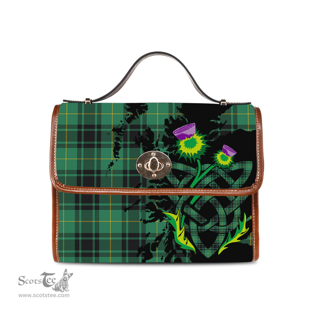 ScotsTee Shop Scottish MacArthur Ancient Clan Tartan Canvas Bag Celtic Knot and Thistle with Scotland Map Bag