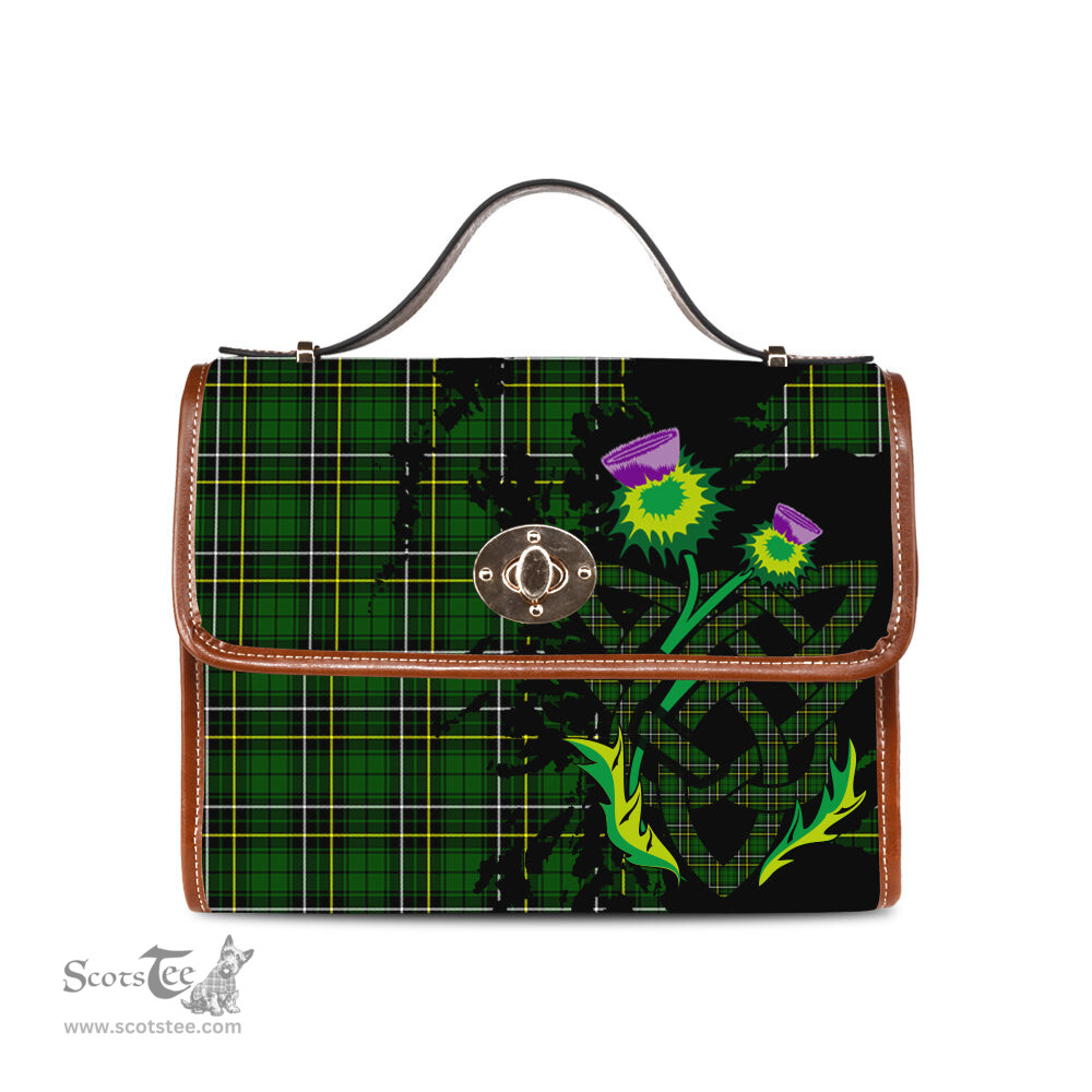 ScotsTee Shop Scottish MacAlpin Modern Clan Tartan Canvas Bag Celtic Knot and Thistle with Scotland Map Bag