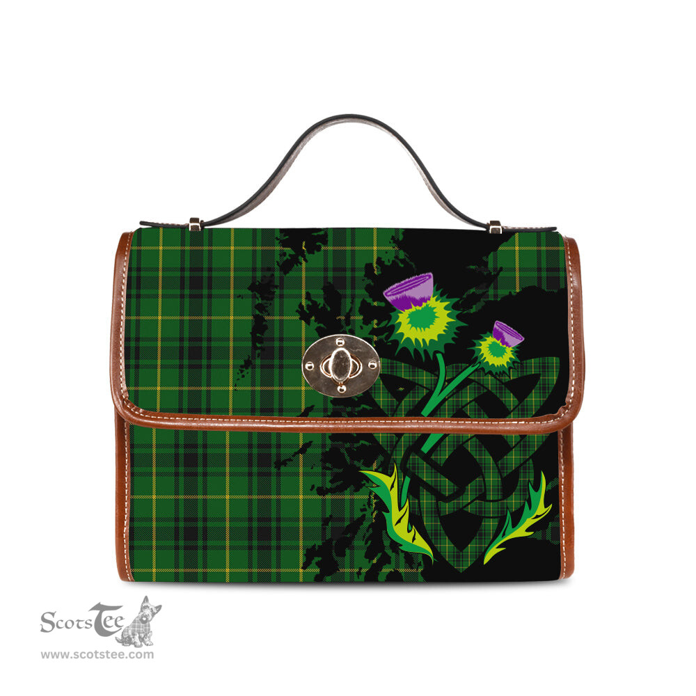 ScotsTee Shop Scottish MacArthur Clan Tartan Canvas Bag Celtic Knot and Thistle with Scotland Map Bag