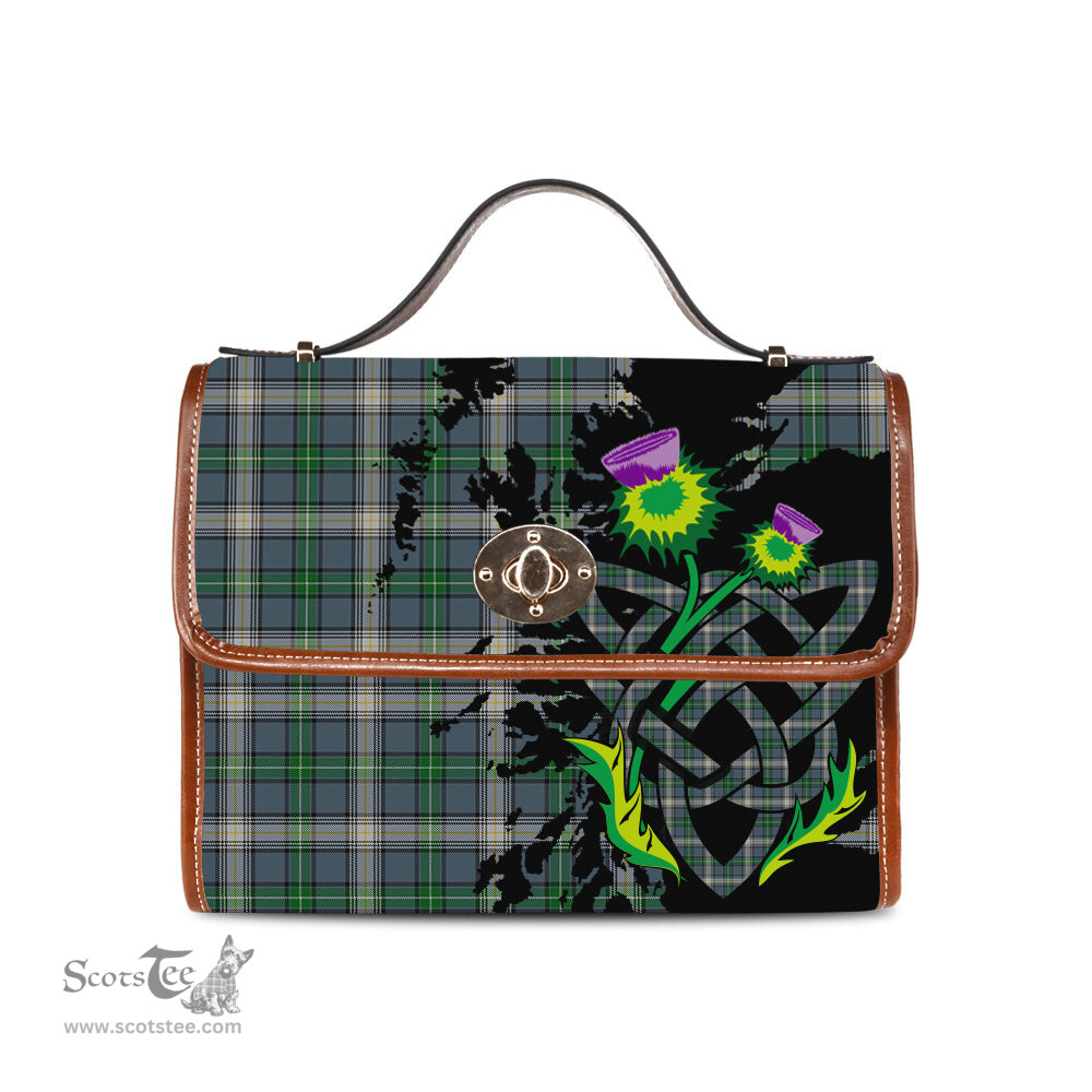 ScotsTee Shop Scottish MacDowall Clan Tartan Canvas Bag Celtic Knot and Thistle with Scotland Map Bag