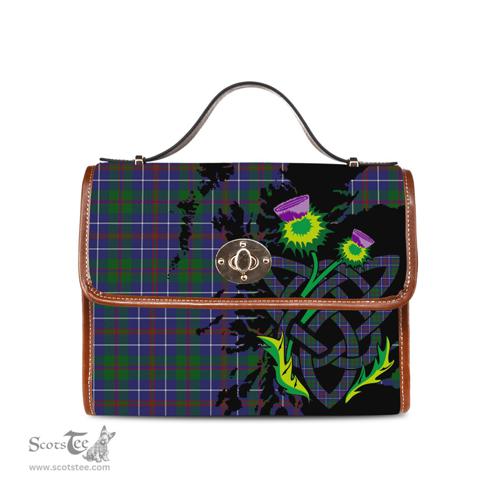 ScotsTee Shop Scottish MacHardy Blue Clan Tartan Canvas Bag Celtic Knot and Thistle with Scotland Map Bag