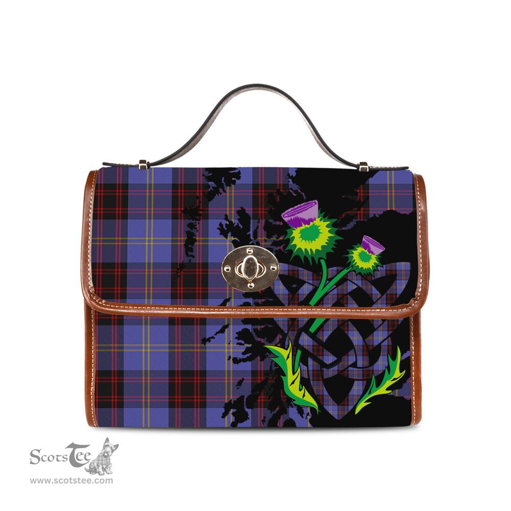 ScotsTee Shop Scottish Rutherford Clan Tartan Canvas Bag Celtic Knot and Thistle with Scotland Map Bag