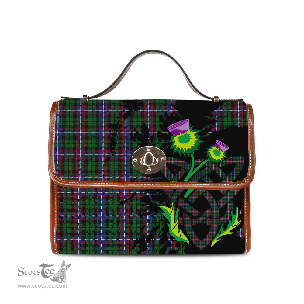 ScotsTee Shop Scottish Russell Clan Tartan Canvas Bag Celtic Knot and Thistle with Scotland Map Bag