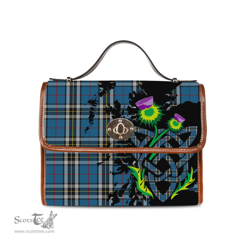ScotsTee Shop Scottish Thomson Dress Blue Clan Tartan Canvas Bag Celtic Knot and Thistle with Scotland Map Bag