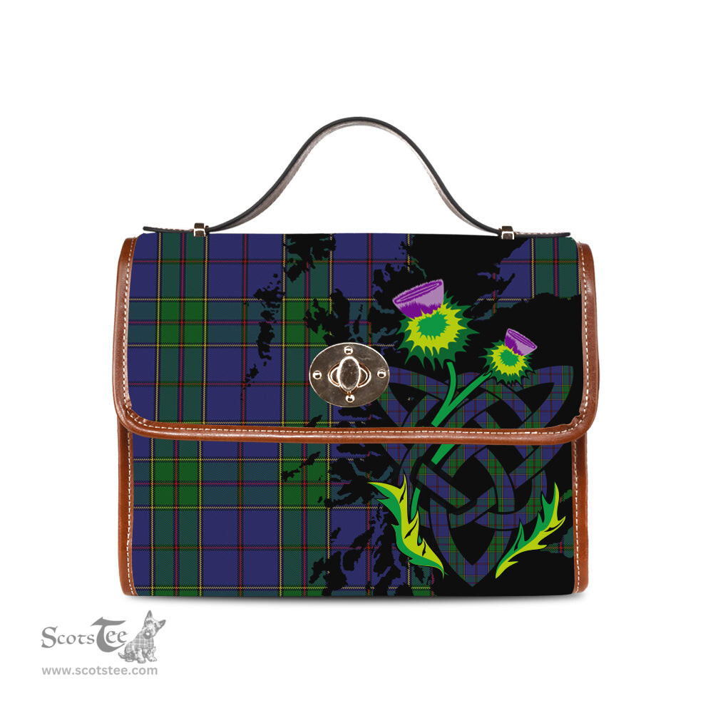 ScotsTee Shop Scottish Strachan Clan Tartan Canvas Bag Celtic Knot and Thistle with Scotland Map Bag