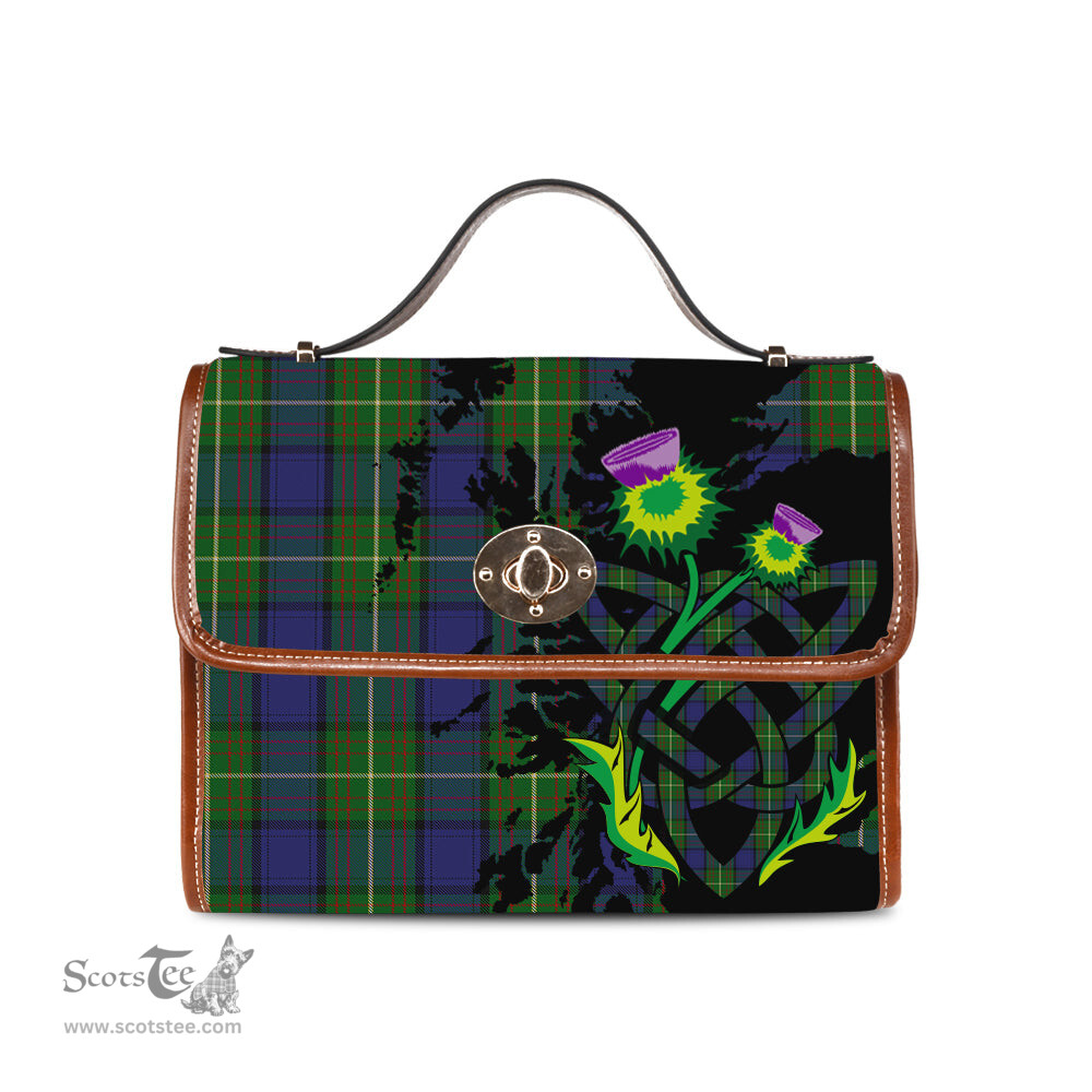 ScotsTee Shop Scottish Mulcahy Clan Tartan Canvas Bag Celtic Knot and Thistle with Scotland Map Bag