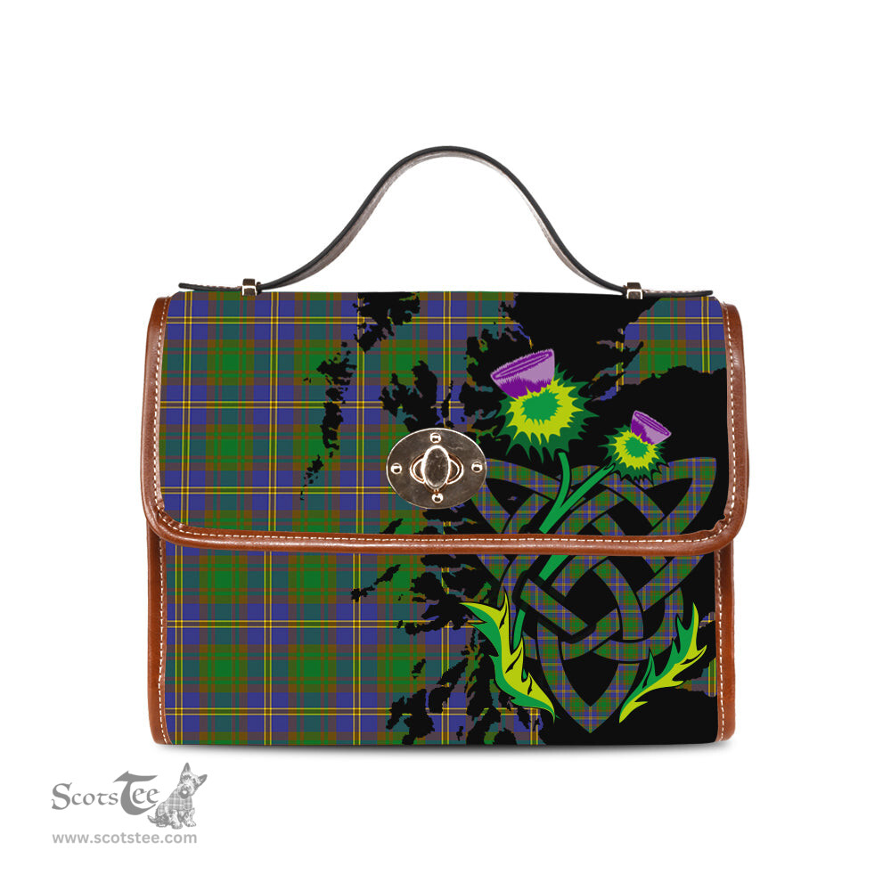 ScotsTee Shop Scottish Strange of Balkaskie Clan Tartan Canvas Bag Celtic Knot and Thistle with Scotland Map Bag