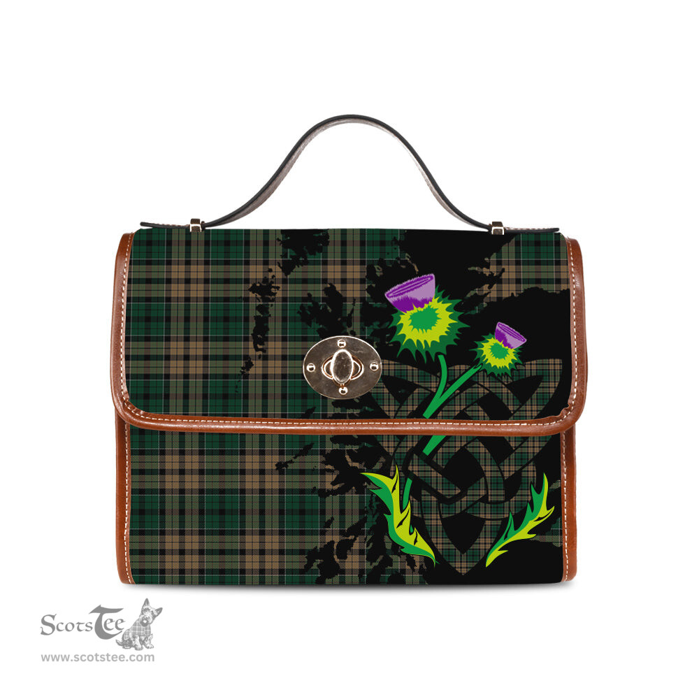 ScotsTee Shop Scottish Sackett Clan Tartan Canvas Bag Celtic Knot and Thistle with Scotland Map Bag