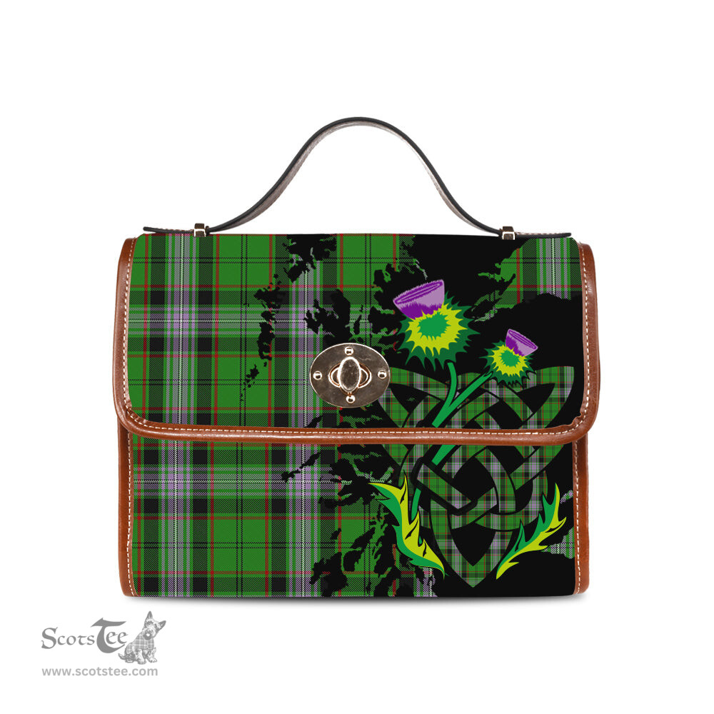 ScotsTee Shop Scottish Moss Clan Tartan Canvas Bag Celtic Knot and Thistle with Scotland Map Bag