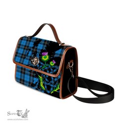 ScotsTee Shop Scottish Ramsay Blue Ancient Clan Tartan Canvas Bag Celtic Knot and Thistle with Scotland Map Bag