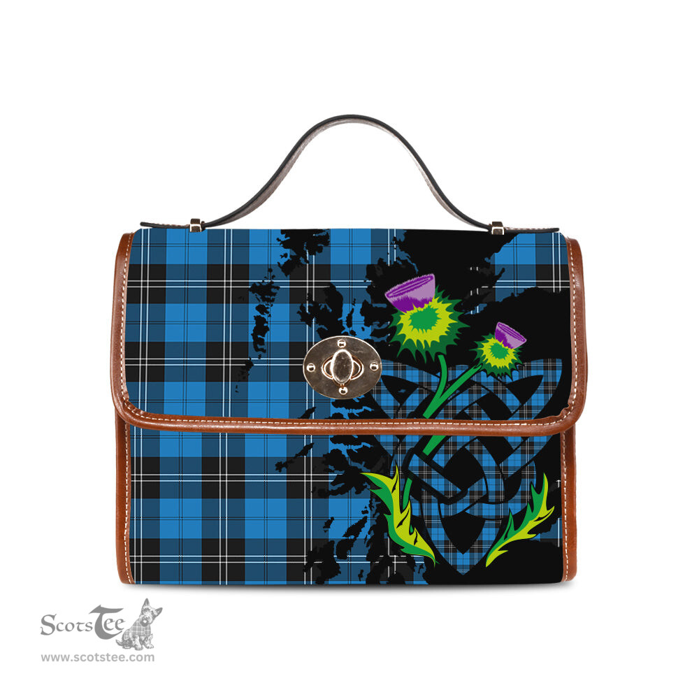 ScotsTee Shop Scottish Ramsay Blue Ancient Clan Tartan Canvas Bag Celtic Knot and Thistle with Scotland Map Bag