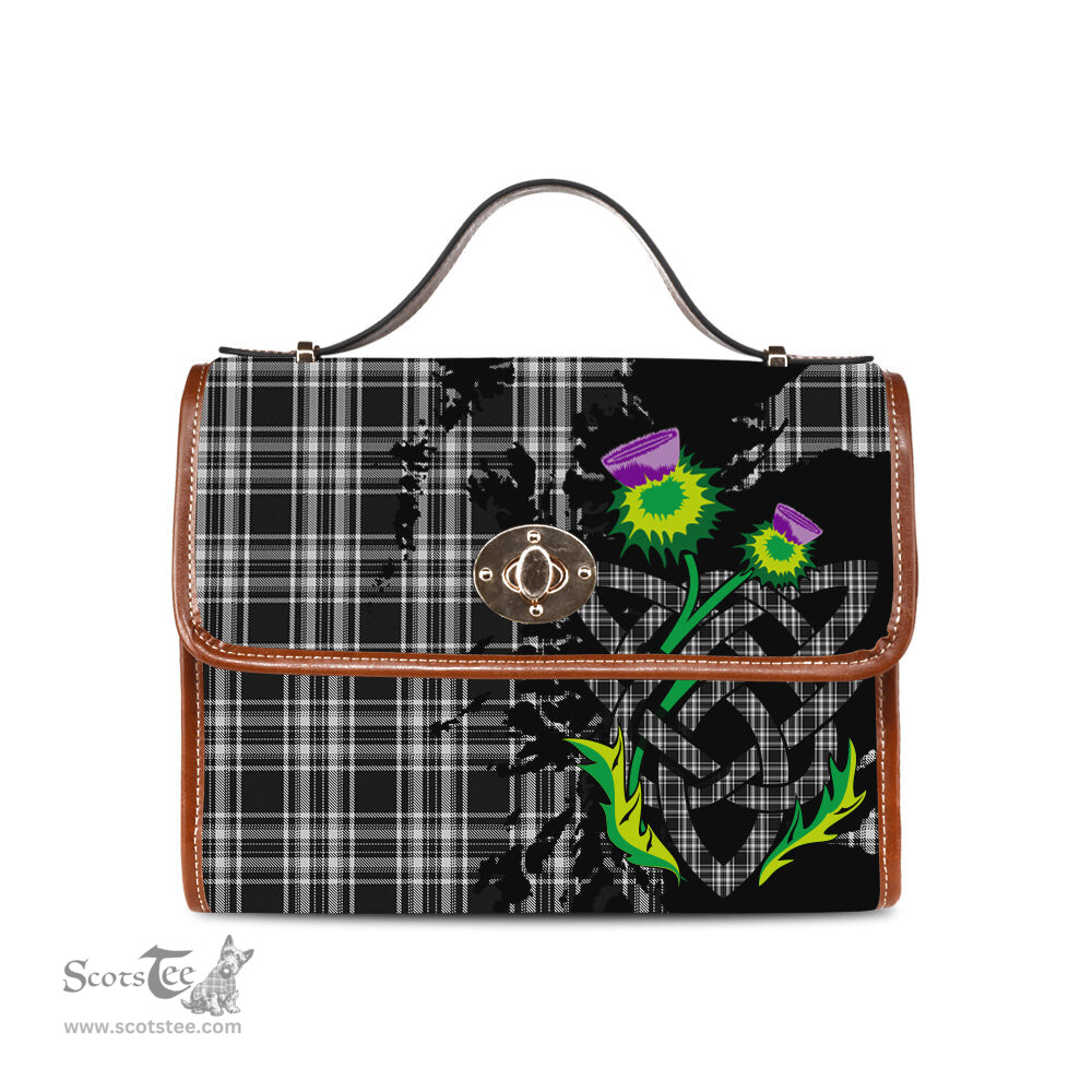ScotsTee Shop Scottish Stewart Black and White Clan Tartan Canvas Bag Celtic Knot and Thistle with Scotland Map Bag