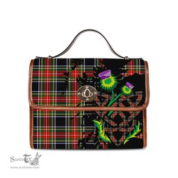 ScotsTee Shop Scottish Stewart Black Clan Tartan Canvas Bag Celtic Knot and Thistle with Scotland Map Bag