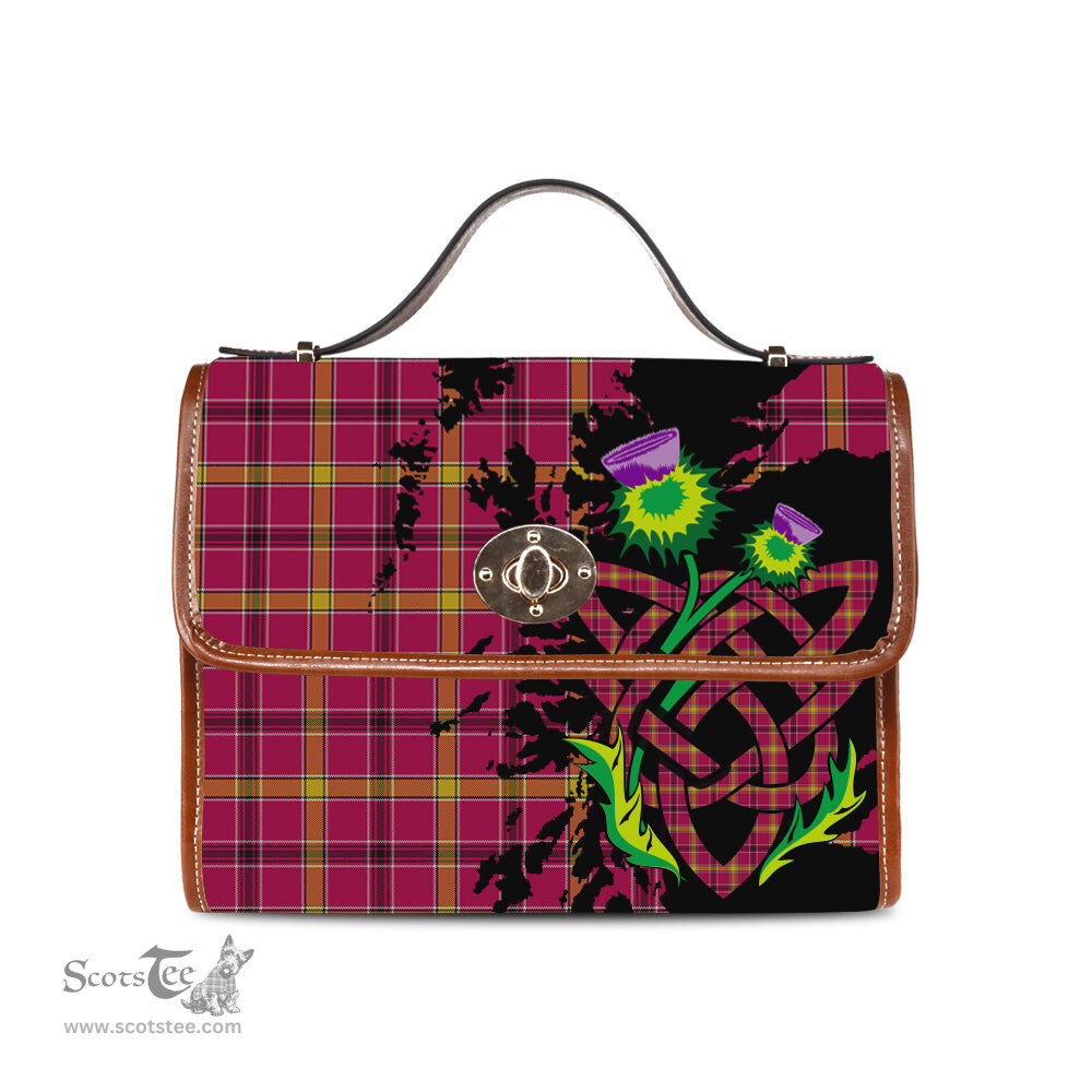 ScotsTee Shop Scottish O'Meehan Clan Tartan Canvas Bag Celtic Knot and Thistle with Scotland Map Bag