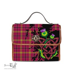 ScotsTee Shop Scottish O'Meehan Clan Tartan Canvas Bag Celtic Knot and Thistle with Scotland Map Bag