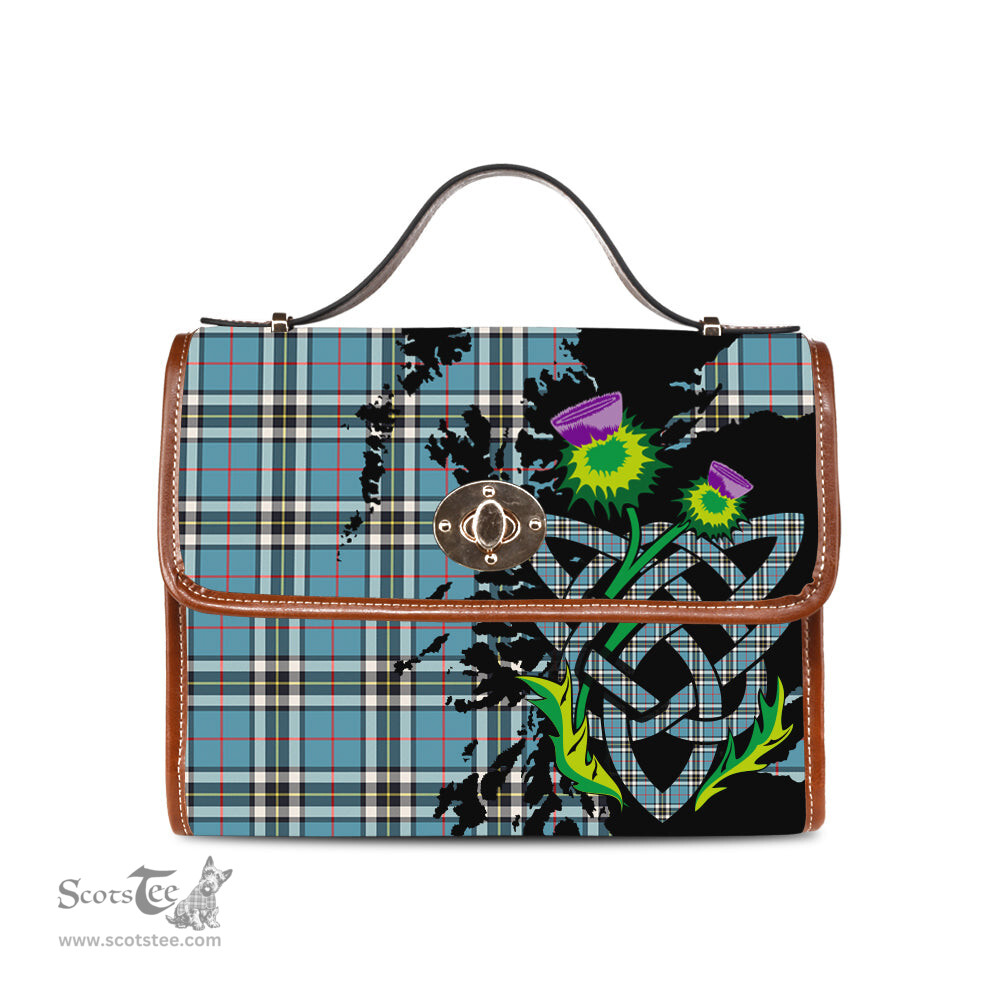 ScotsTee Shop Scottish Thomson Clan Tartan Canvas Bag Celtic Knot and Thistle with Scotland Map Bag