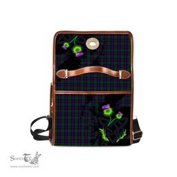 ScotsTee Shop Scottish Urquhart Clan Tartan Canvas Bag Celtic Knot and Thistle with Scotland Map Bag