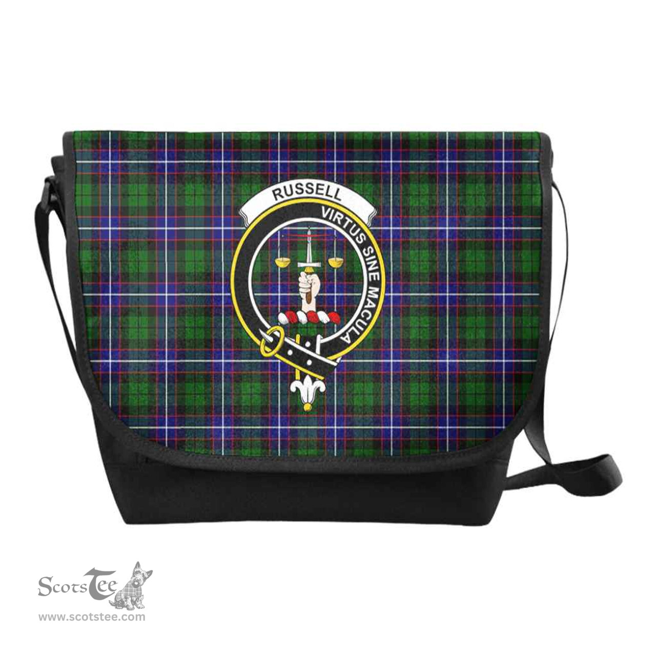 ScotsTee Shop Scottish Russell Clan Crest Tartan Messenger Bag Plaid Shoulder Bag
